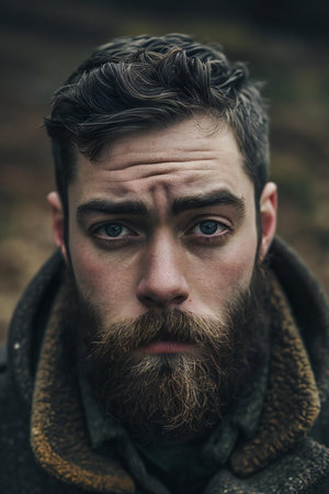 Portrait of a man with a beard and mustache in the mountainsの素材