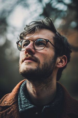 Portrait of a young man with eyeglasses in the parkの素材
