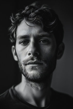 Portrait of a handsome man with a beard on a dark backgroundの素材