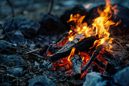 Burning fire in the forest at night. Selective focus.の素材