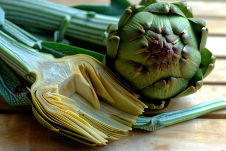 Fresh artichokes and celery on a wooden table. Selective focusの素材