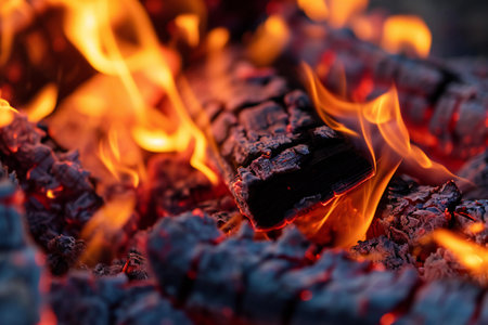 Burning firewood in the fireplace, close-up. Abstract backgroundの素材
