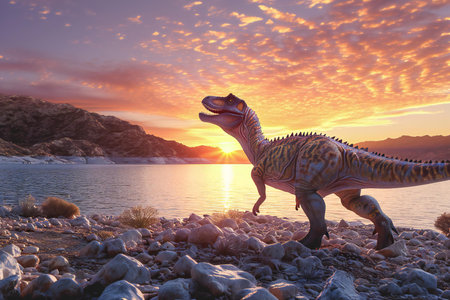 Dinosaur on the beach at sunset.の素材