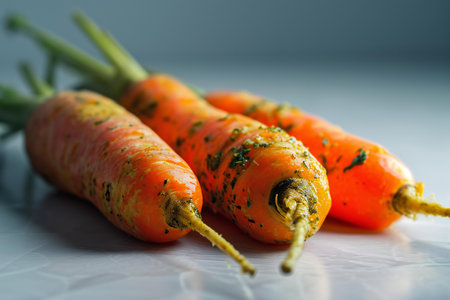 Fresh carrots with green leaves on a white background. Close up.の素材