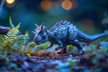 Triceratops dinosaur model in the forest with bokeh background.の素材
