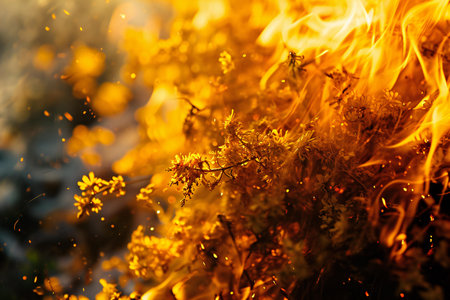 Fire in the forest at sunset. Wildflowers in the fire.の素材