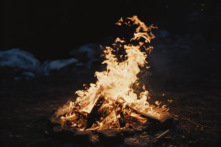 Burning campfire at night in the forest. Selective focusの素材