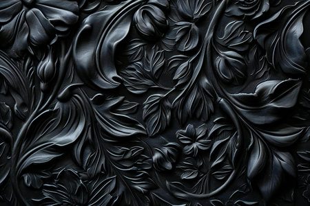 Black metal texture with floral pattern. Close-up. Background.の素材