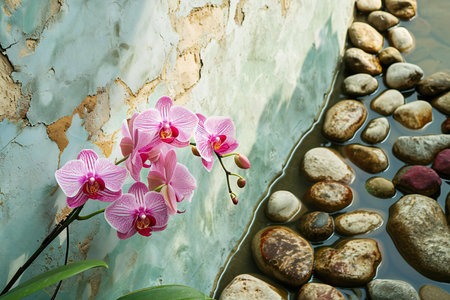 Pink orchids on the background of pebbles and stonesの素材