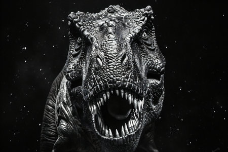 Close-up of a dinosaur head with open mouth. Black background.の素材