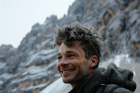 Portrait of a smiling man on a background of snowy mountains.の素材