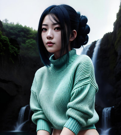 Beautiful young asian woman wearing a green sweater standing in front of a waterfallの素材