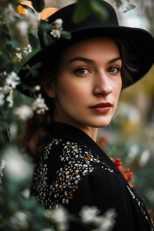 Portrait of a beautiful young woman in a black coat and hat on a background of flowering trees.の素材