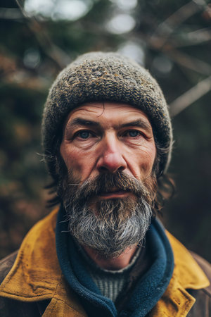 Portrait of an old man with grey beard and mustache in the forest.の素材
