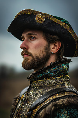 Portrait of a medieval man in a medieval costume on a background of nature.の素材