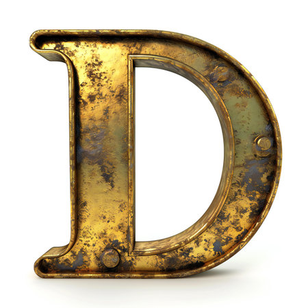 Letter D in old rusted gold on a white background.の素材