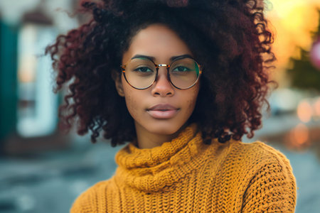 Portrait of a beautiful young african american woman with curly hair wearing glasses and a yellow sweater.の素材