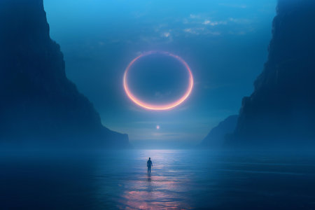Silhouette of a man standing in the sea with a circle of light.の素材