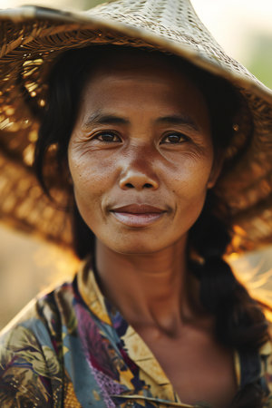 Portrait of a smiling asian woman in a straw hat.の素材