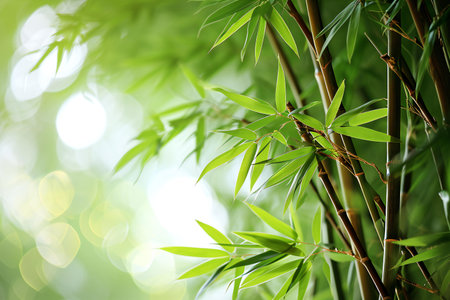 Bamboo leaves on blurred background, closeup. Space for textの素材