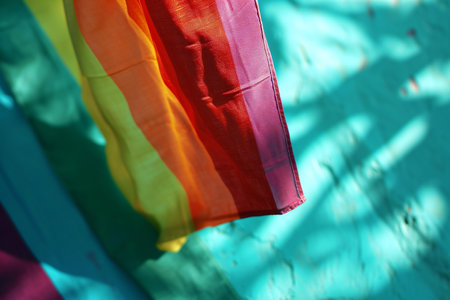 Rainbow flag on a blue background, close-up of photoの素材