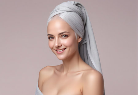 Portrait of a beautiful young woman with a towel on her headの素材
