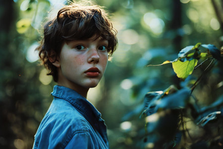 Portrait of a boy in the forest. A boy in the forest.の素材