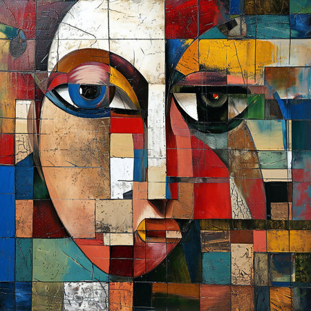 Face made of colorful mosaic tiles. Abstract background for your design.の素材
