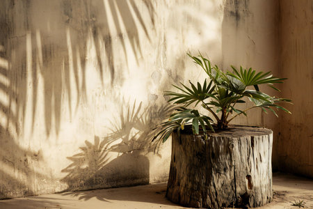 Palm tree in a pot on a wooden table against the wallの素材