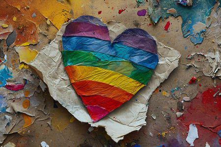 Rainbow heart on old paper background. Grunge style.の素材