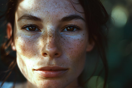 Portrait of a beautiful woman with freckles on her faceの素材
