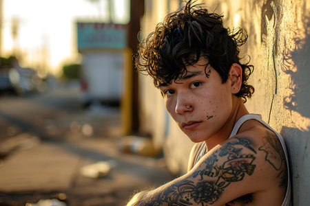 Portrait of a young man with tattoos on his arms in the cityの素材