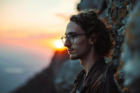 Handsome young man with glasses on the background of mountains and sunsetの素材
