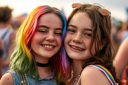 Moscow Pride Week. Two girls with colorful hair at the festival of colors.の素材