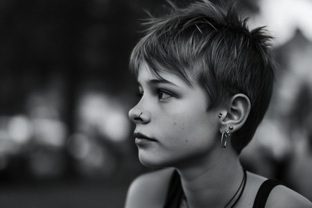 Portrait of a boy with short hair in the city. Black and white photo.の素材