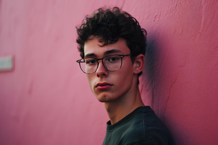 Portrait of a handsome young man with curly hair and glasses on a pink backgroundの素材