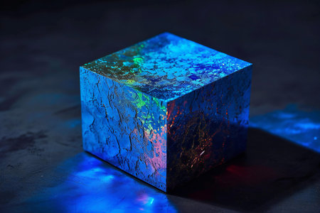 Blue and green abstract cube on a black background.の素材