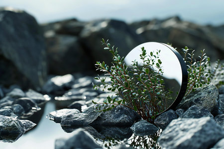 Round mirror with plant on the water surface.の素材