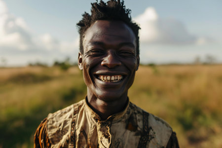 Portrait of a young african man smiling in the field.の素材