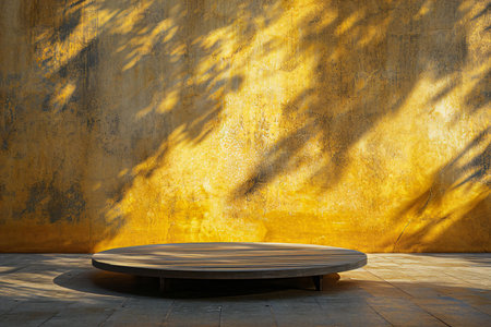 Empty round wooden table and shadow of tree on yellow concrete wall backgroundの素材
