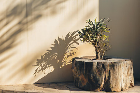 Potted plant on the background of the wall with a shadow of palm leaves.の素材