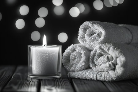 Spa still life with towels, candles and salt on a black backgroundの素材
