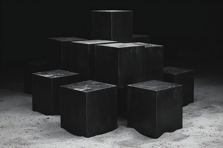 a set of black cubes in the sand.の素材