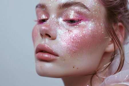 Fashion portrait of young beautiful girl with pink makeup and glitter on her faceの素材
