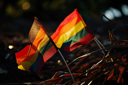 Two flags of the LGBT community on the background of the setting sun.の素材