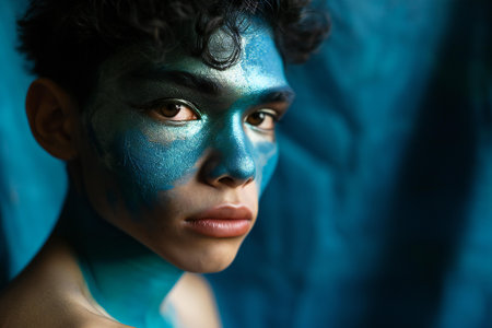 Portrait of a beautiful young woman with blue paint on her faceの素材