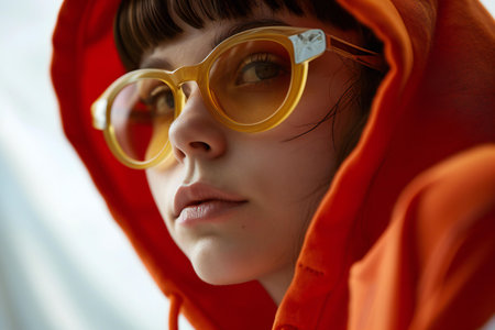Portrait of a beautiful young woman in orange raincoat and yellow glassesの素材