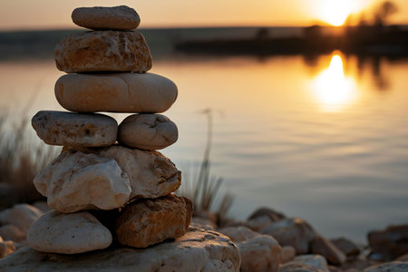 stack of stones on the shore of the lake at sunset. Zen conceptの素材