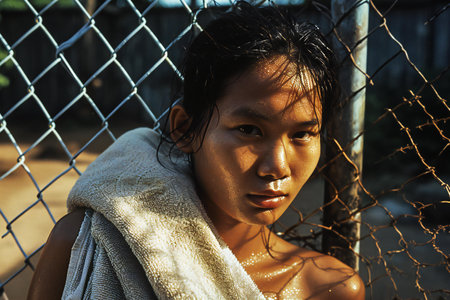 Portrait of young beautiful asian woman with towel on her shoulders.の素材