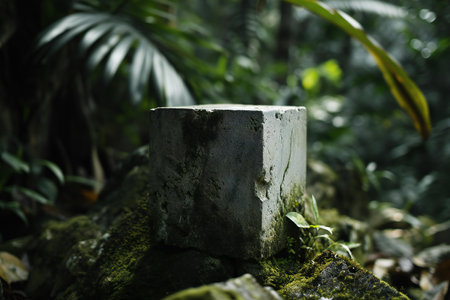 Stone pedestal in tropical forest. Natural stone pedestal in jungle.の素材